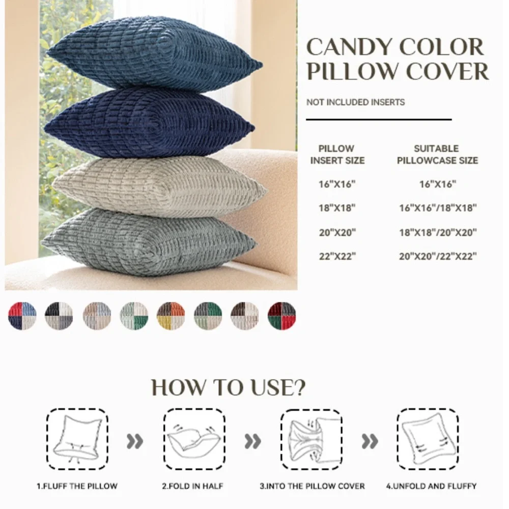 Corduroy Soft Striped Farmhouse SQUARE Throw Pillow Covers 18x18” BLUE (4-pack)